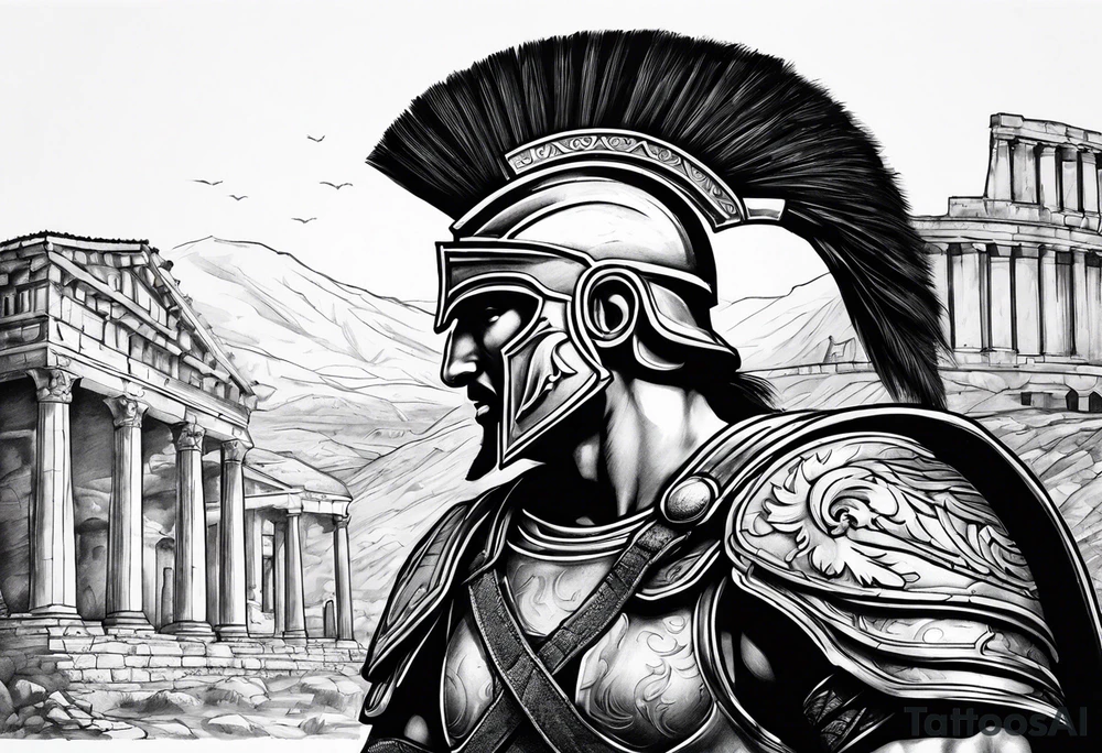 Side profile Spartan Solider ancient roman city in the background tattoo idea