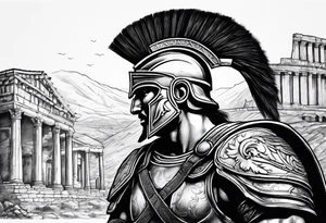 Side profile Spartan Solider ancient roman city in the background tattoo idea