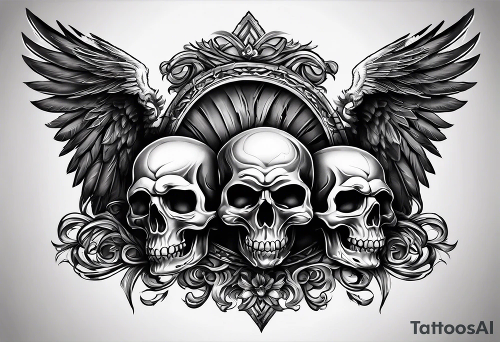 See no evil hear no evil speak no evil  skulls go down the back with angel wings wrapped around the skulls tattoo idea