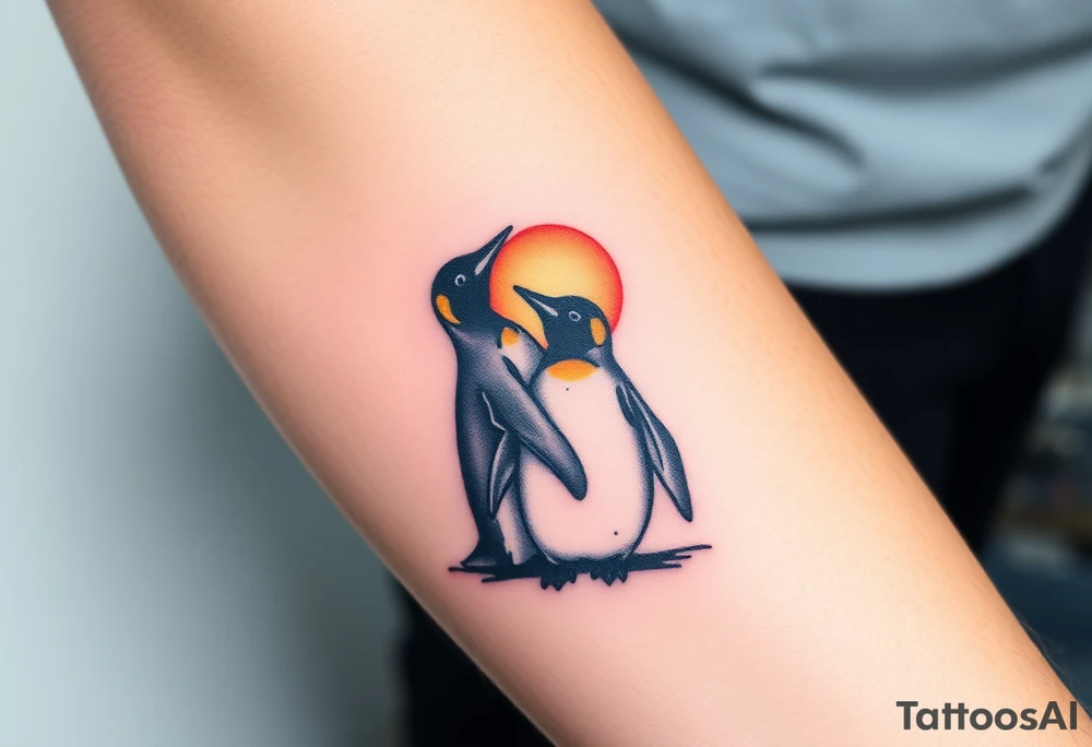 Penguins cuddling each other, looking away towards a sunset tattoo idea