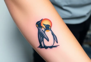 Penguins cuddling each other, looking away towards a sunset tattoo idea