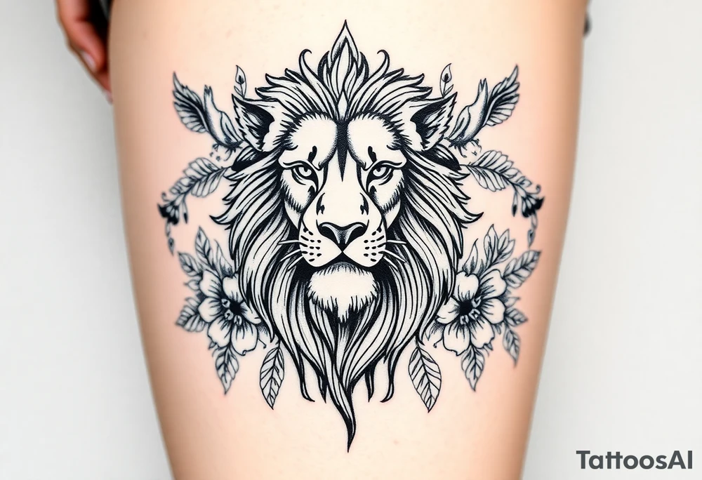 powerful majestic lion with a crown, surrounded by floral ornaments and birds tattoo idea