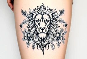 powerful majestic lion with a crown, surrounded by floral ornaments and birds tattoo idea