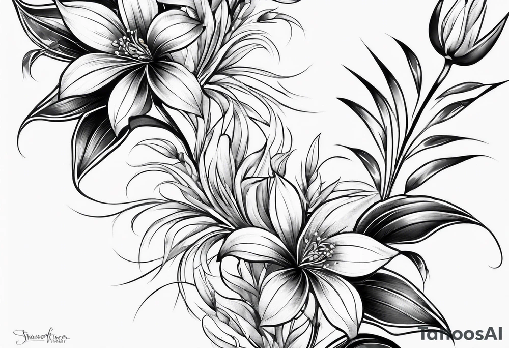Vertical floral arm sleeve with wheat at dragonflower tattoo idea