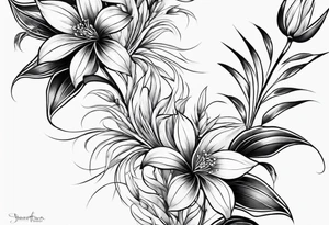 Vertical floral arm sleeve with wheat at dragonflower tattoo idea