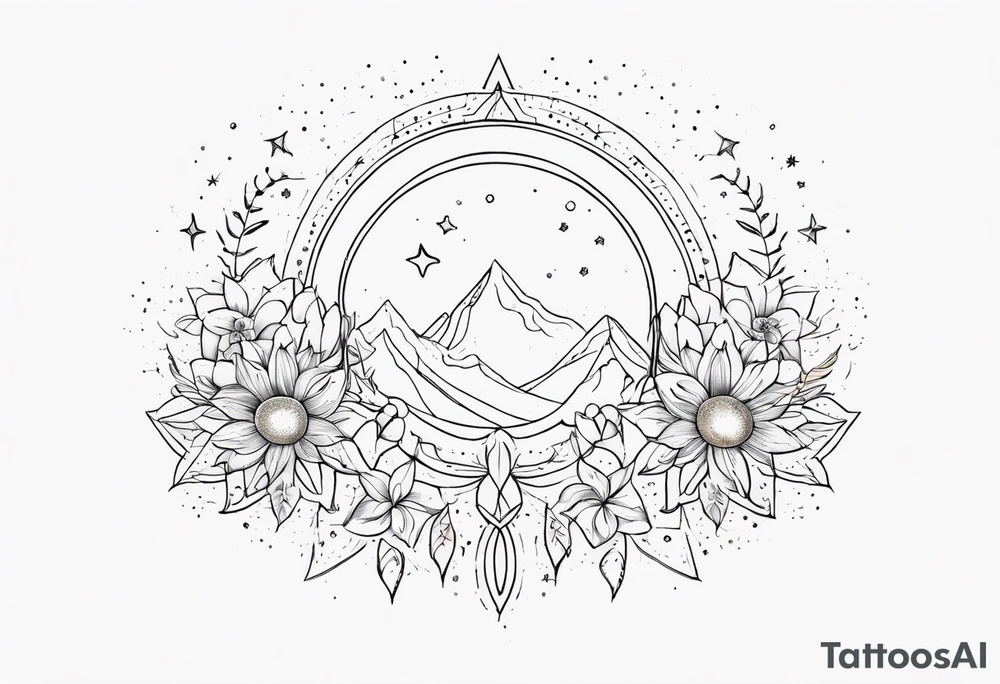fine line with sun, stars, floral, dots. Sternum tattoo tattoo idea
