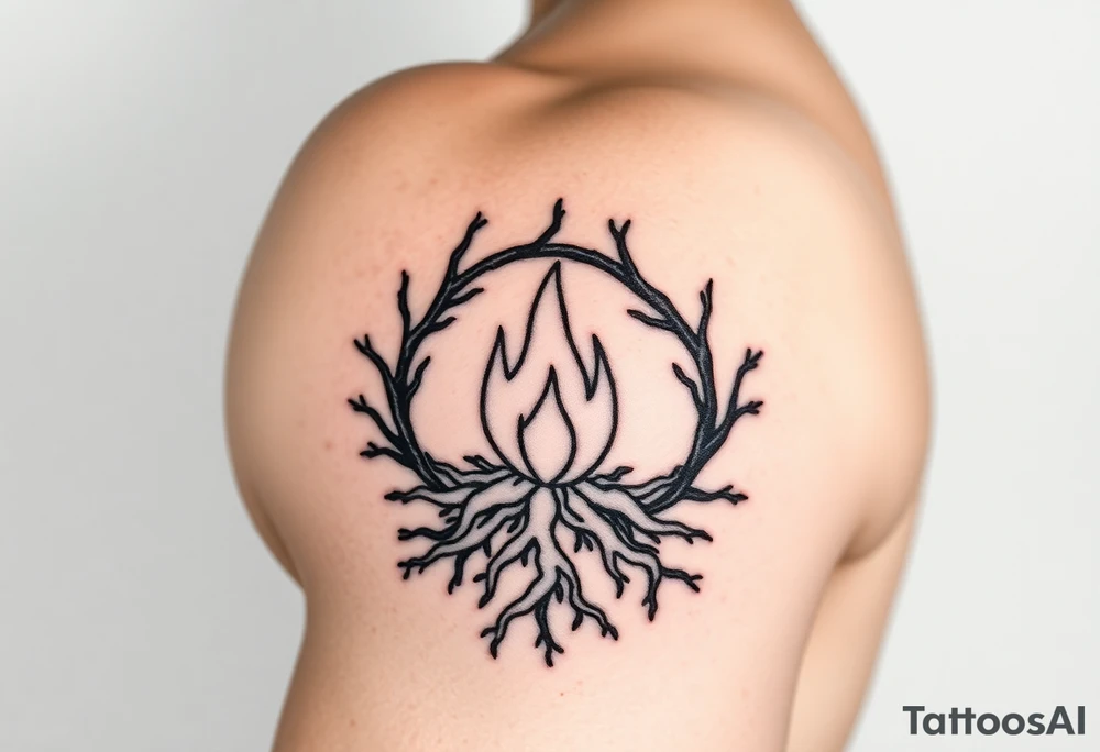 a round flame imprisoned in a roots circle tattoo idea