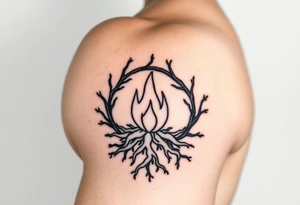 a round flame imprisoned in a roots circle tattoo idea