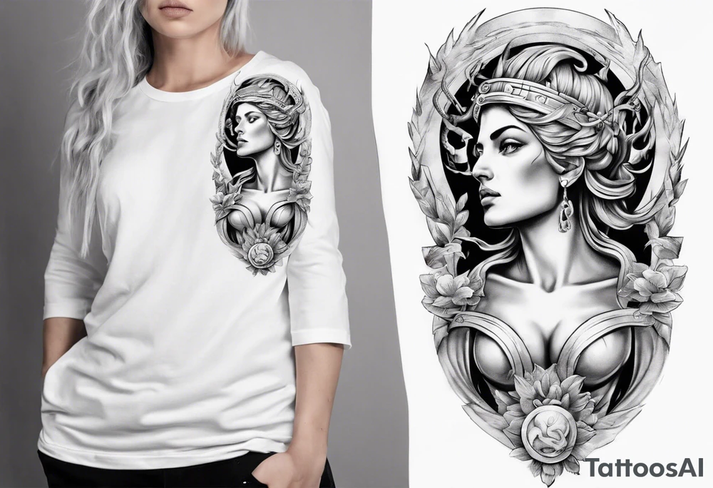 Greek mythology sleeve for women to signify power and success tattoo idea