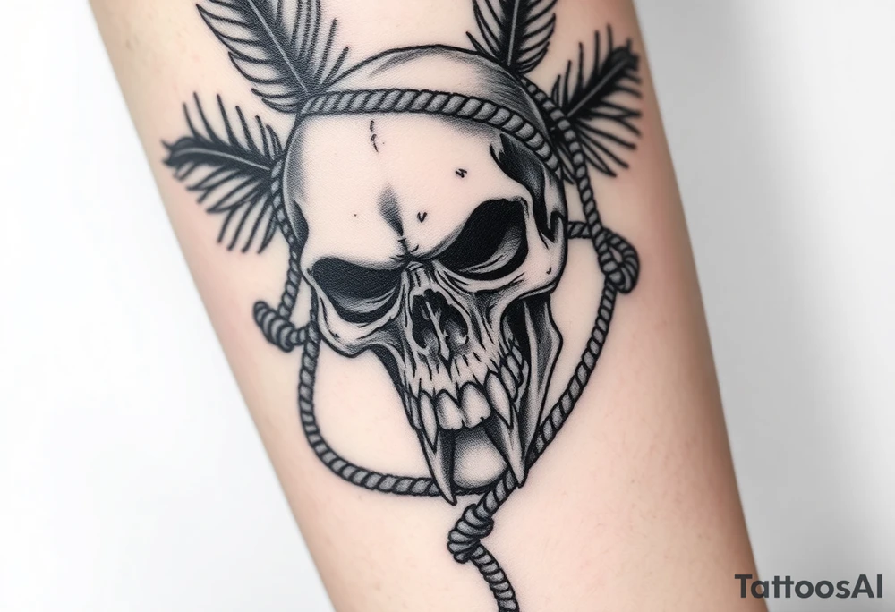 tattoo depicts a detailed skull with large fangs and ropes tied around it. The skull is surrounded by black feathers, with part of another skull visible underneath. The tattoo is done in a black and gray technique, which gives it a dramatic and mystical look tattoo idea