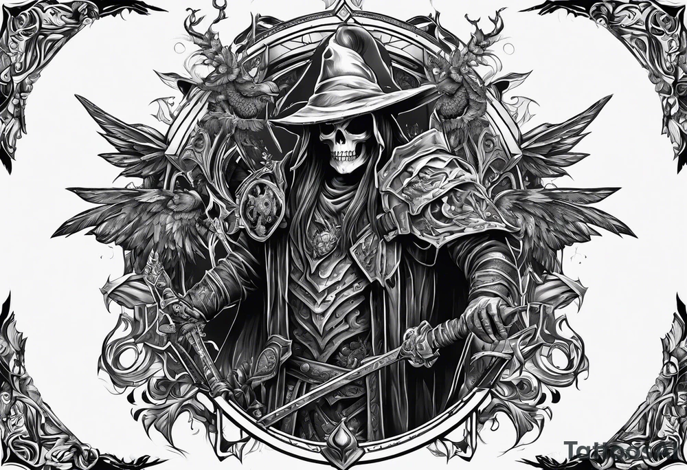 Warlock raising a skeleton warrior tattoo idea