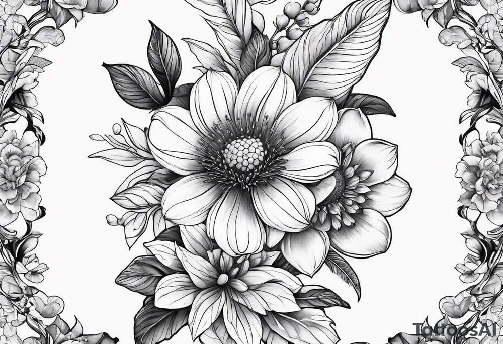 Arm wrap floral dainty soft leaves with bee dragonflower tattoo idea
