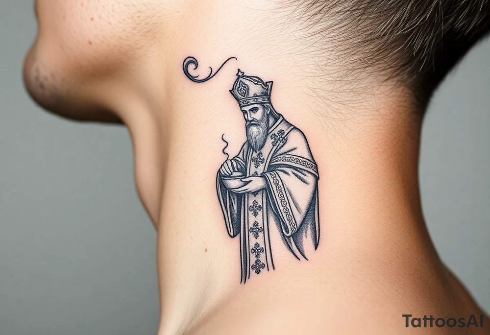 Russian Orthodox Priest in a fully detailed gold vestment swinging a censer with smoke curling upward tattoo idea