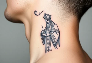 Russian Orthodox Priest in a fully detailed gold vestment swinging a censer with smoke curling upward tattoo idea