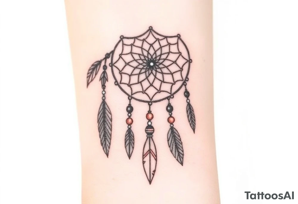 native dreamcatcher with flowing feathers and sacred beads tattoo idea