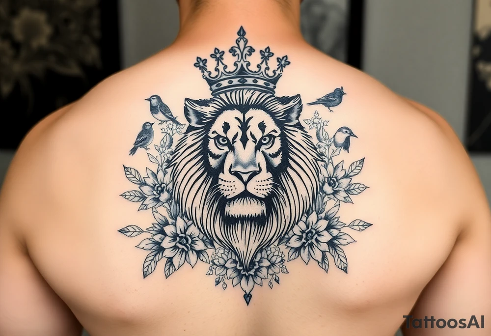 powerful majestic lion with a crown, surrounded by floral ornaments and birds tattoo idea