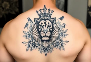 powerful majestic lion with a crown, surrounded by floral ornaments and birds tattoo idea