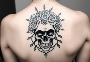 ornate skull adorned with crown of wild roses and thorns tattoo idea