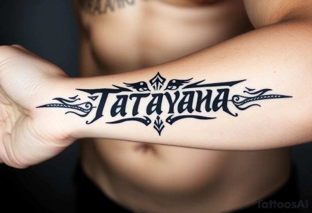 Tattoo for a man that says the name “Tatayana” tattoo idea