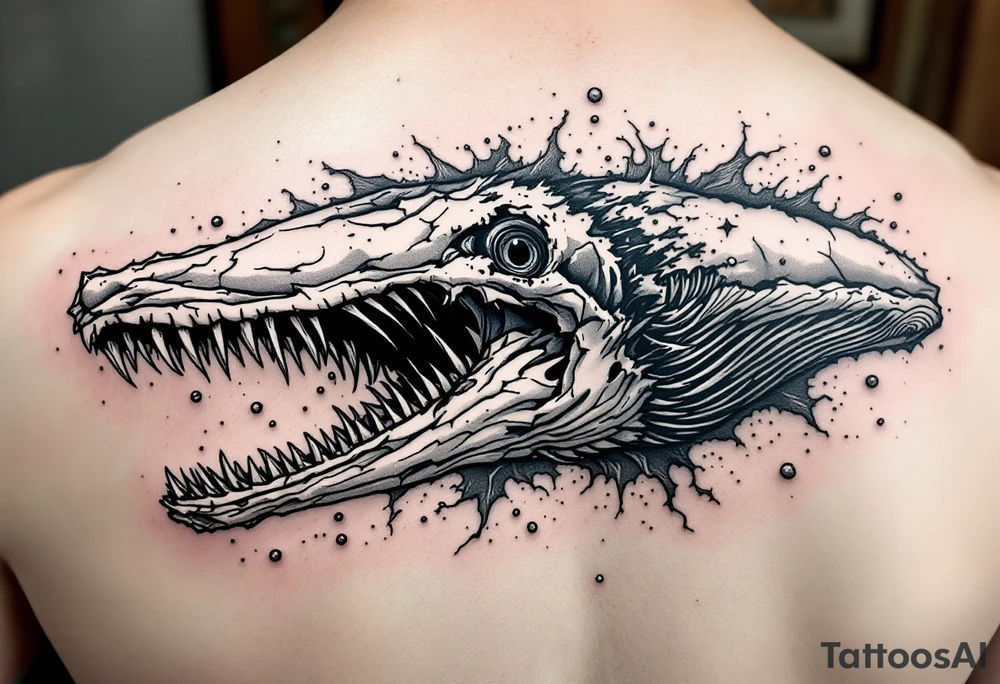 idea is basically a whale that's damaged and torn exposing the skeletal innerts, but it's still fiercely moving forward as hard as it can. generate one with elements of attack on titan and demon slayer and spirited away tattoo idea