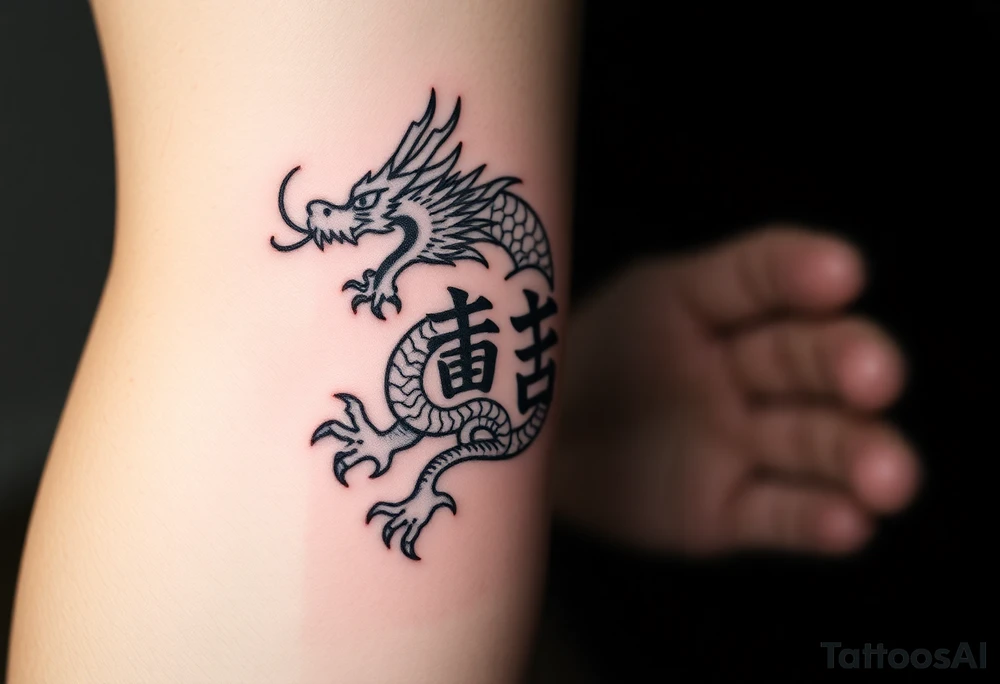 Chinese dragon with two kanjis in front tattoo idea