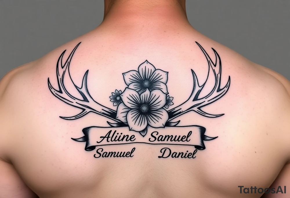 Deer antlers with flower and name Aline ,Samuel,Daniel tattoo idea