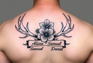 Deer antlers with flower and name Aline ,Samuel,Daniel tattoo idea