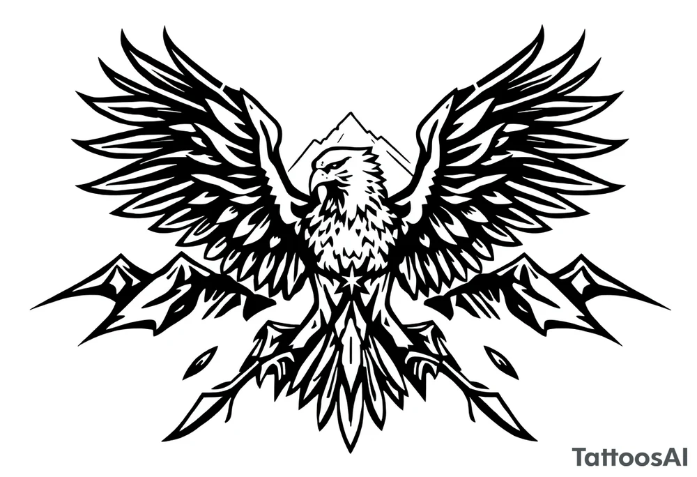 majestic eagle spreading wings against mountain peaks tattoo idea