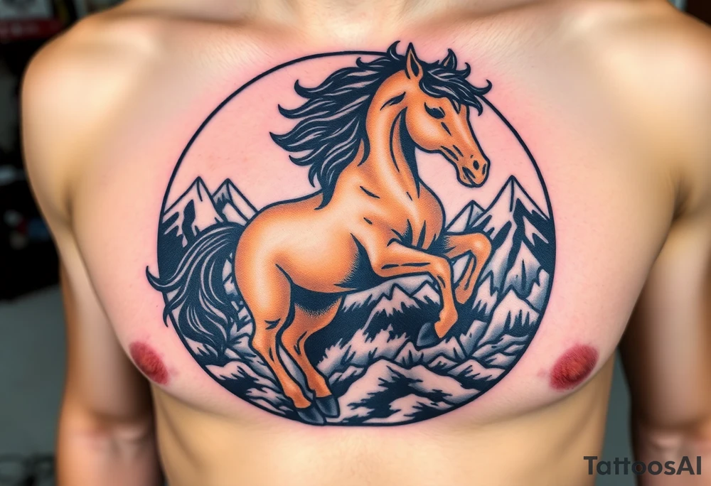 A golden mustang horse with black mane and legs, captured in motion inside a circle. The mountains and nature should frame the design, blending with the horse's black fur as a base to represent the landscape. Experiment with using the black fur to shape the mountains, playing with edges or interior details. tattoo idea