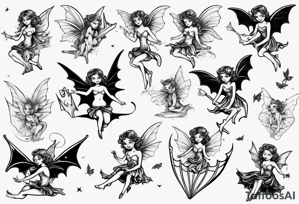 Tiny fairy riding on a bat tattoo idea