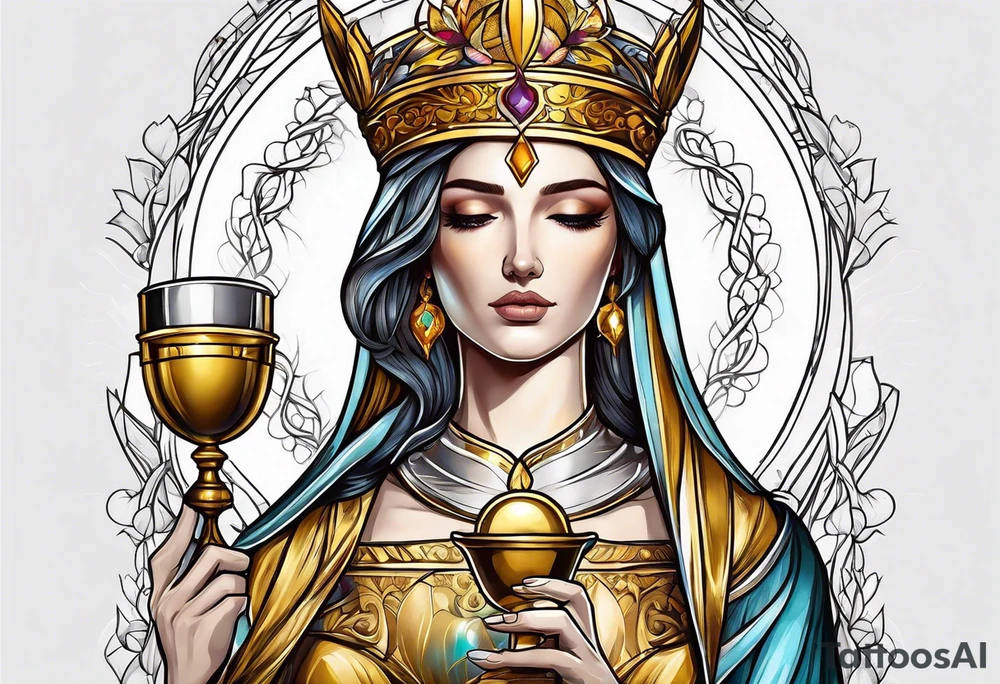 holy saint woman with golden halo holding a chalice tattoo idea