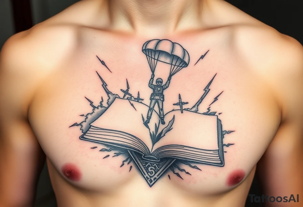 A parachuting soldier landing into an open book. Chaos surrounding, but the book is protecting the soldier from it. On the chest. Make the tattoo smaller. Make it thought provoking. Make the chaos in the environment be a thunderstorm. Make the pages in the book be blank and the book be decorated tattoo idea