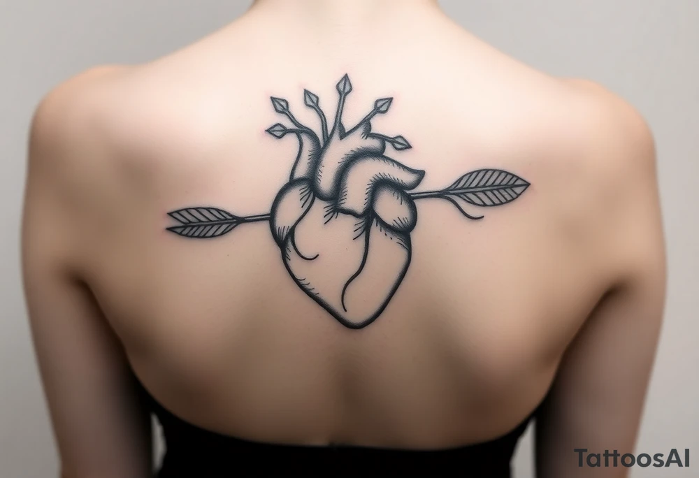 anatomical heart pierced by ornate arrow with flowing ribbons tattoo idea