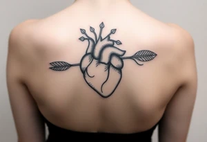 anatomical heart pierced by ornate arrow with flowing ribbons tattoo idea