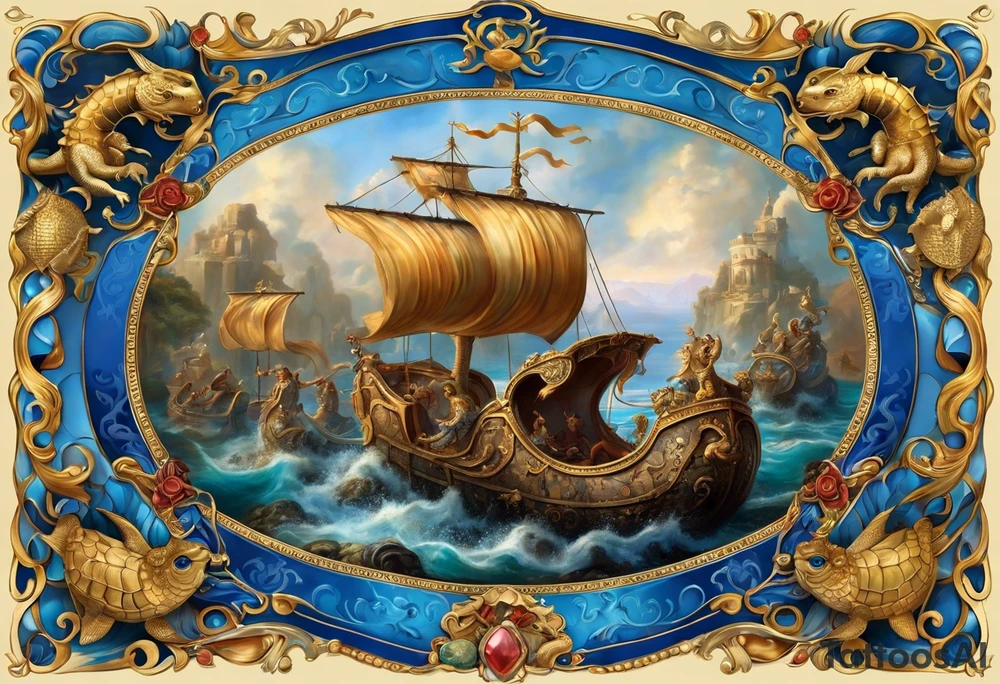 the tatto will be large in the middle there are sea horses pulling a chariot they are the mythical beast castor and phalox, on the upper right is a blue nose and a rock sourrounded by water, on the upper left is a turtle with a golden shell and on the bottom is a ribbon with a sparrow on each side holding it up tattoo idea