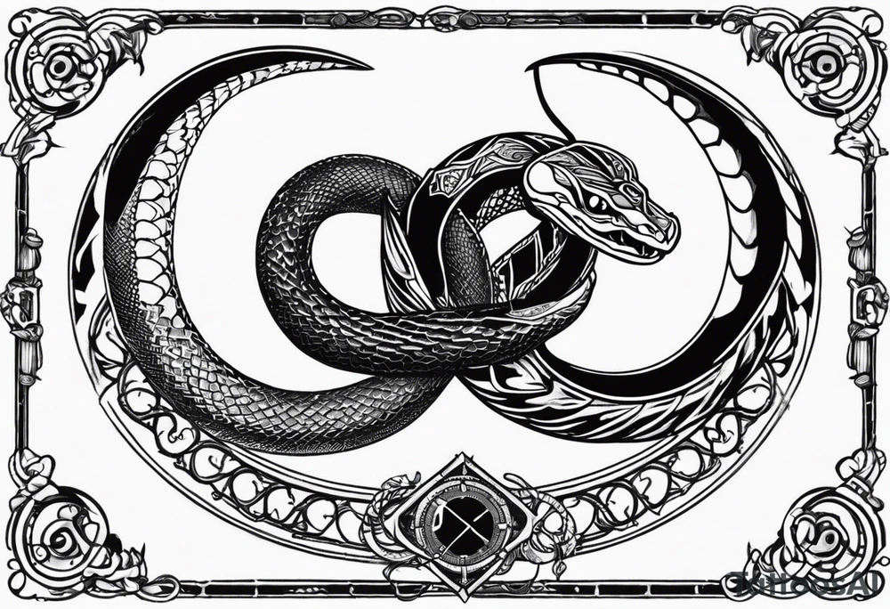 Aggresive Snakes eating each other with a sword, this design must be in a vertical vertical proportion. Additionaly the desing must be "Steampunk" type tattoo idea