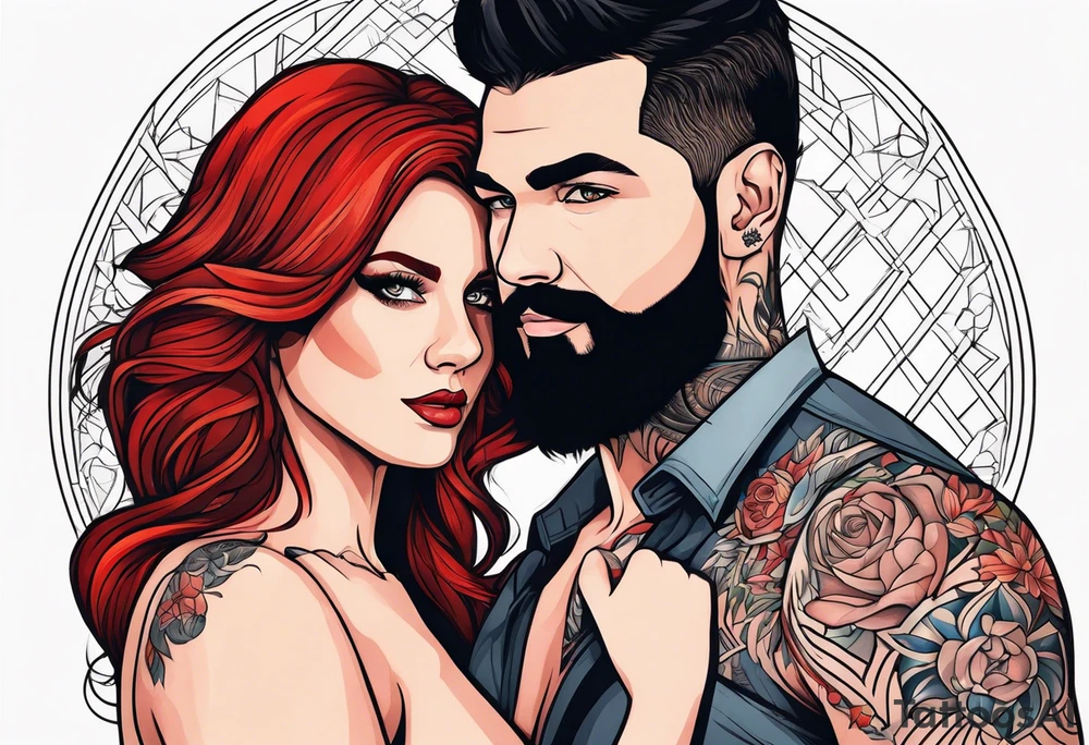 Busty Red haired woman with black haired bearded man tattoo idea