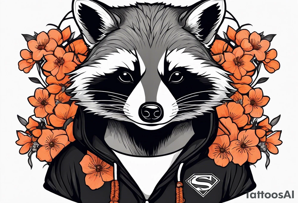 Raccoon wearing a white Superman logo on a black hoodie and orange Japanese cherry blossoms beside tattoo idea