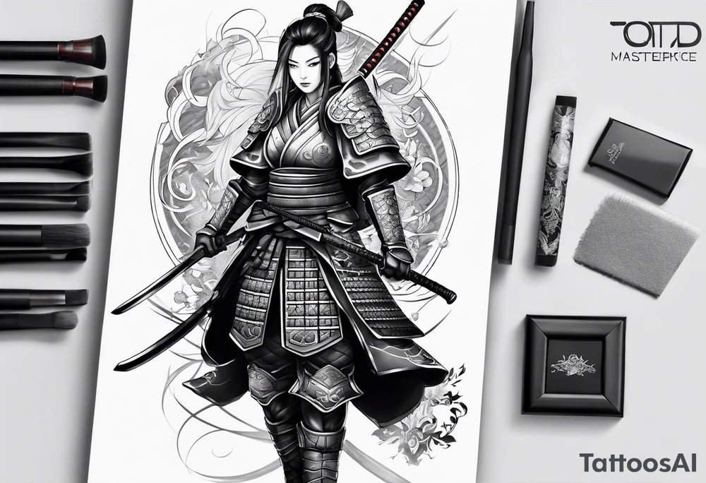 female shogun style warrior in full armour tattoo idea