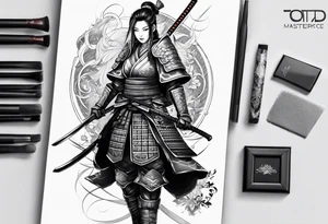 female shogun style warrior in full armour tattoo idea