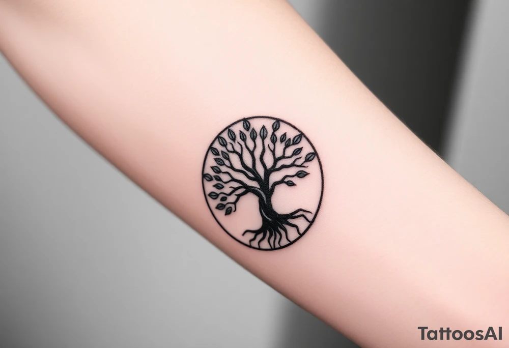 Tree with few leaves encircled in a spiral circle starting from the center of the tree and spiraling out, clockwise direction tattoo idea