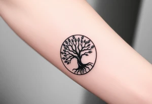 Tree with few leaves encircled in a spiral circle starting from the center of the tree and spiraling out, clockwise direction tattoo idea