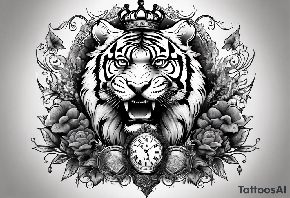A tiger with a crown on the top with a third eye hourglass with a brain inside of the hourglass, covered in clouds, on the bottom of the hourglass, a heart covered in grass, a full detailed arm sleeve tattoo idea
