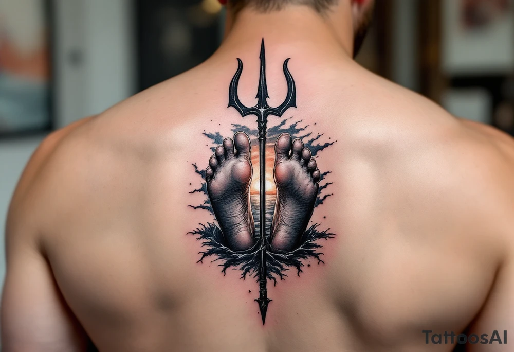 barefeet behind trident with water and sunset tattoo idea