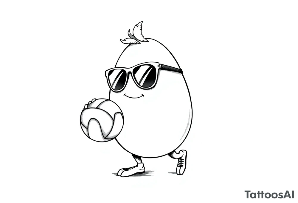 walking egg in sunglasses like lenons , holding a volleyball tattoo idea