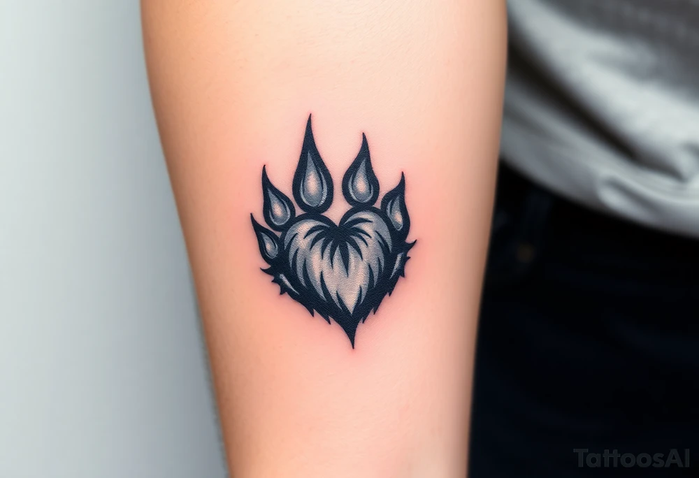 A black-and-gray shaded wolf paw forming, with sharp heart and intense shading for a bold tattoo idea