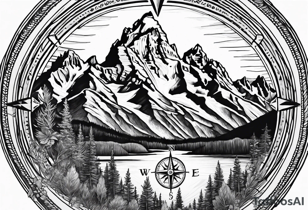 grand Teton mountains with compass tattoo idea