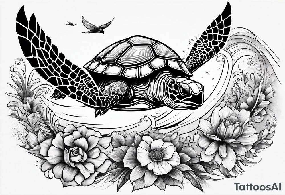 wave, turtle, flower, palm tattoo idea