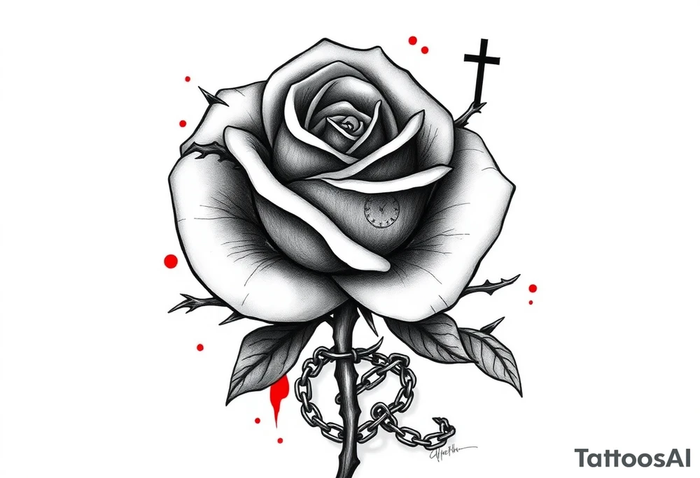 Tattoo Concept: Resilience Through Trauma and Growth

A black and grey tattoo with elements of red to highlight pain, transformation, and survival. The design features:
	•	A large rose with thorns as the centerpiece. The petals are partially wilting and torn, symbolizing past trauma, while new petals blooming from the same stem represent growth and healing.
	•	A broken chain intertwined with the rose’s stem, representing breaking free from past pain. Some links remain intact to acknowledge the lasting impact of trauma.
	•	A semicolon (;) subtly integrated into the stem or thorns, signifying perseverance and that your story continues.
	•	A clock or hourglass, cracked but still intact, symbolizing the way trauma distorts time but does not halt progress.
	•	A rosary wrapped around the rose, leading to a cross near the top. The cross represents faith, strength, and survival. The chain of the rosary has a broken link, showing resilience after hardship.
	•	A phoenix emerging from the petals, symbolizing rebirth, transformation, and rising from the ashes of past struggles.
	•	A shadowy, fading silhouette behind the rose, representing your past self—acknowledged but no longer in control.
	•	A butterfly or moth near the blooming petals, representing transformation and perseverance through darkness.
	•	Soft shading with some red ink highlights, especially on the thorns, broken chains, and phoenix flames, emphasizing pain and strength As the woman I am today tattoo idea