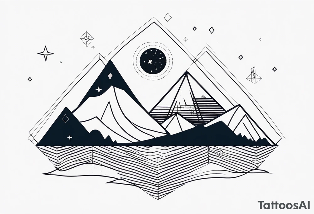 Mountain one Peak, sea waves, space with two littel coloured Stars, geometrical Forms, circle, diamond surrounding scenery with dashed lines overlapping tattoo idea